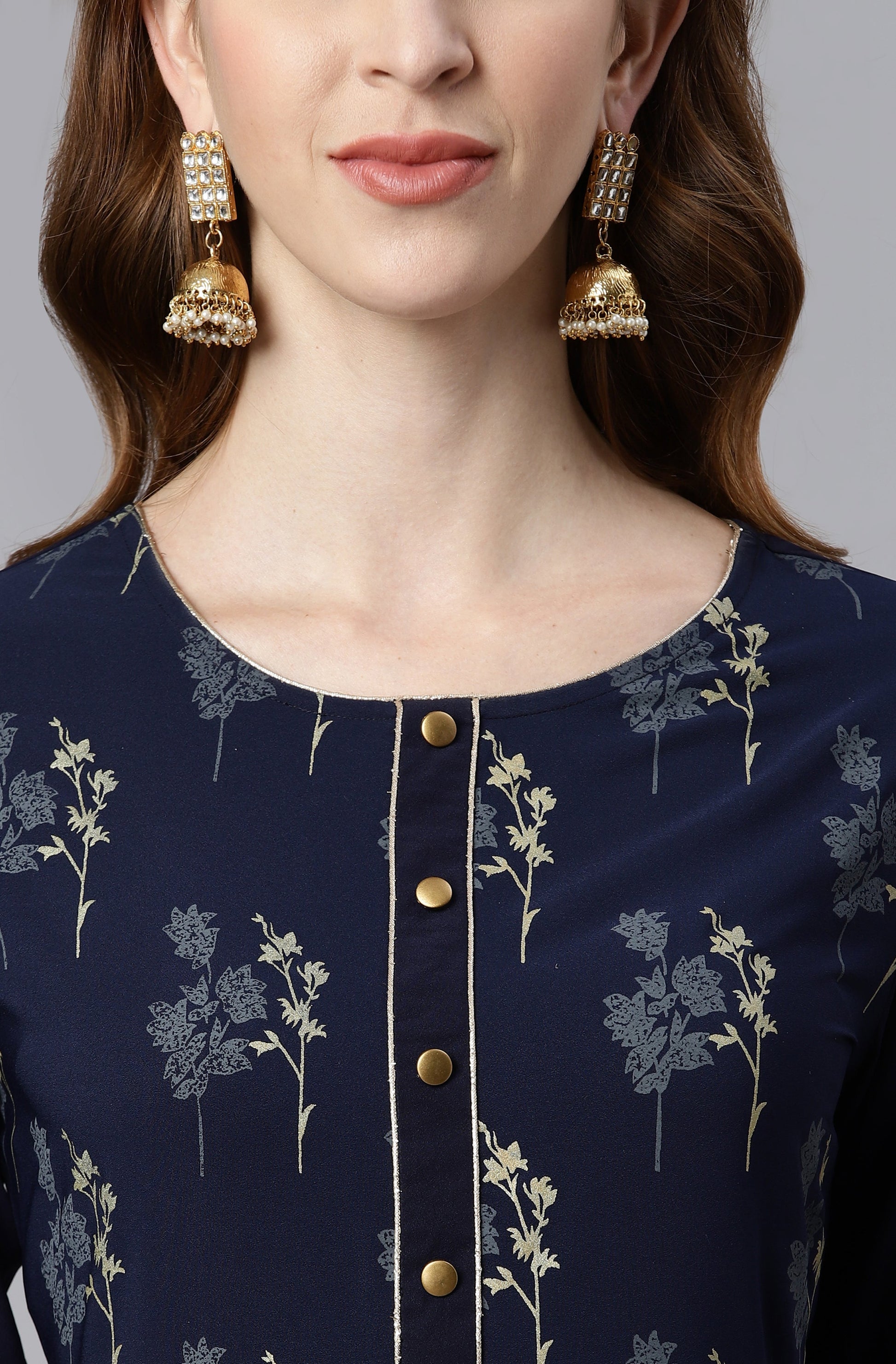 Janasya Women's Navy Blue Poly Crepe Floral Printed Anarkali Casual Kurta Set 