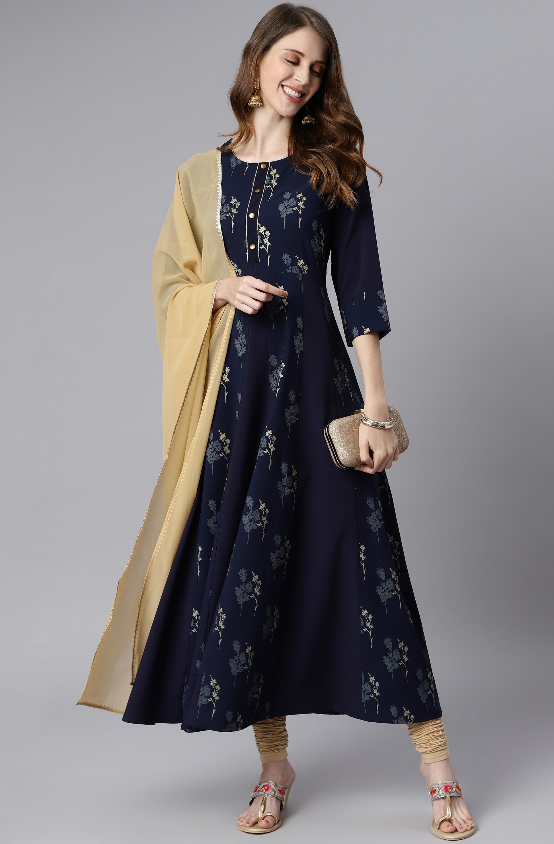 Janasya Women's Navy Blue Poly Crepe Floral Printed Anarkali Casual Kurta Set 