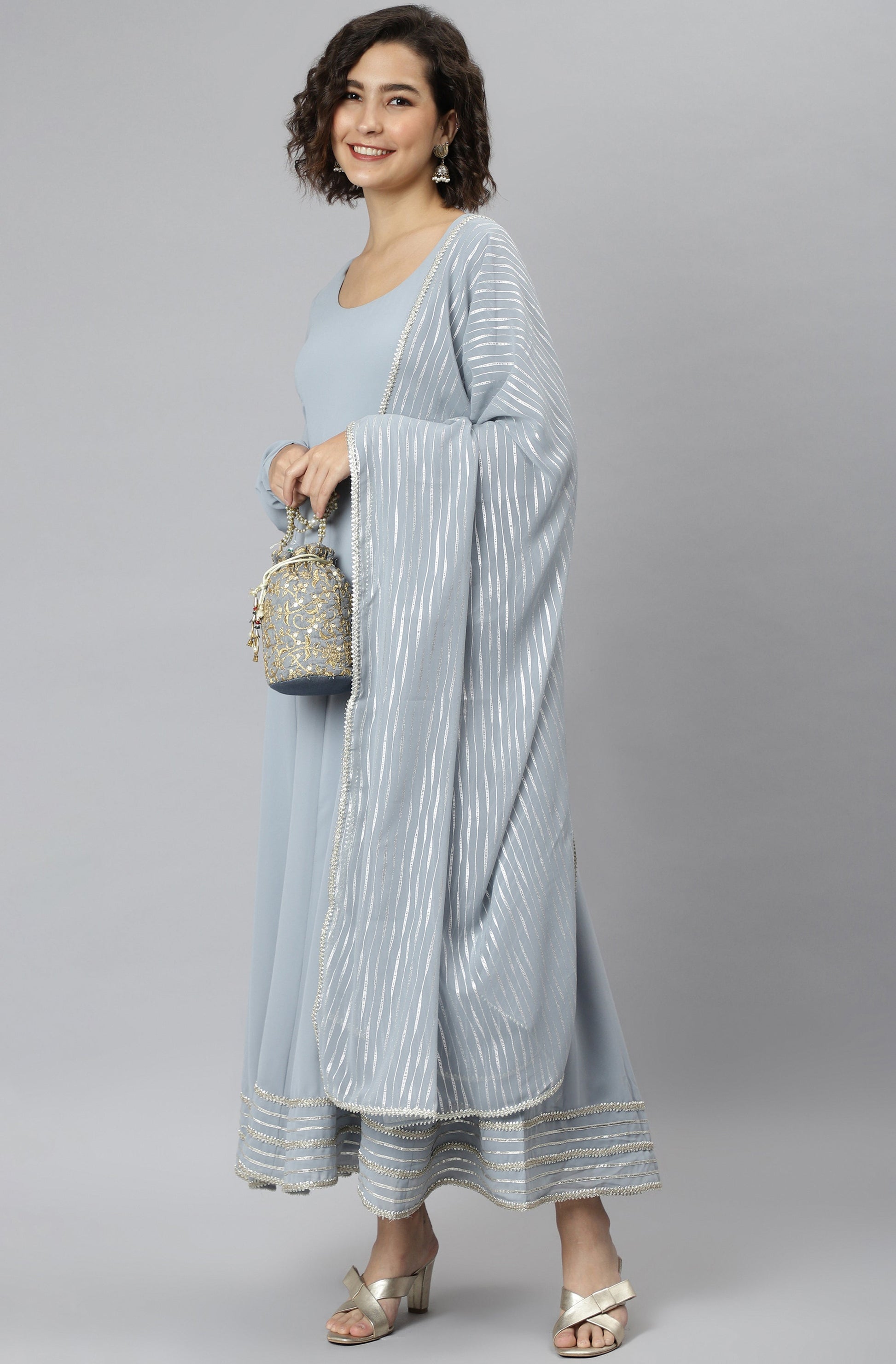 Janasya Women's Grey Poly Georgette Solid Kurta With Dupatta 