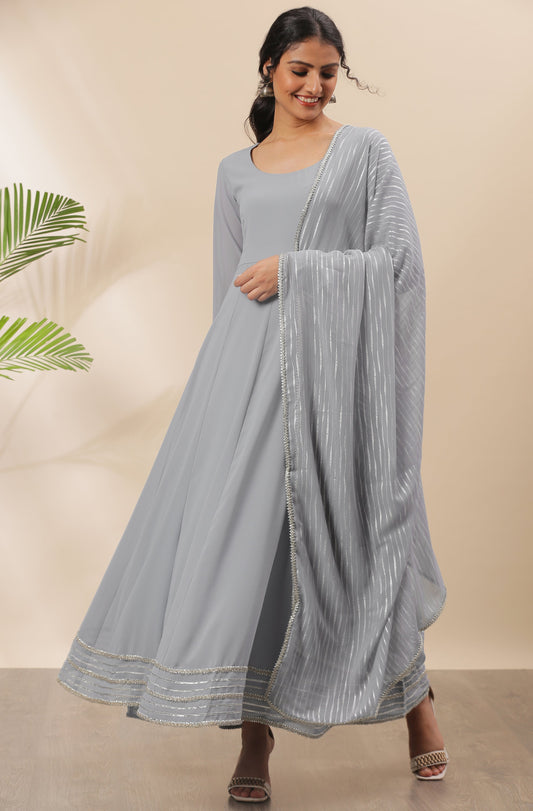 Janasya Women's Grey Poly Georgette Solid Kurta With Dupatta 