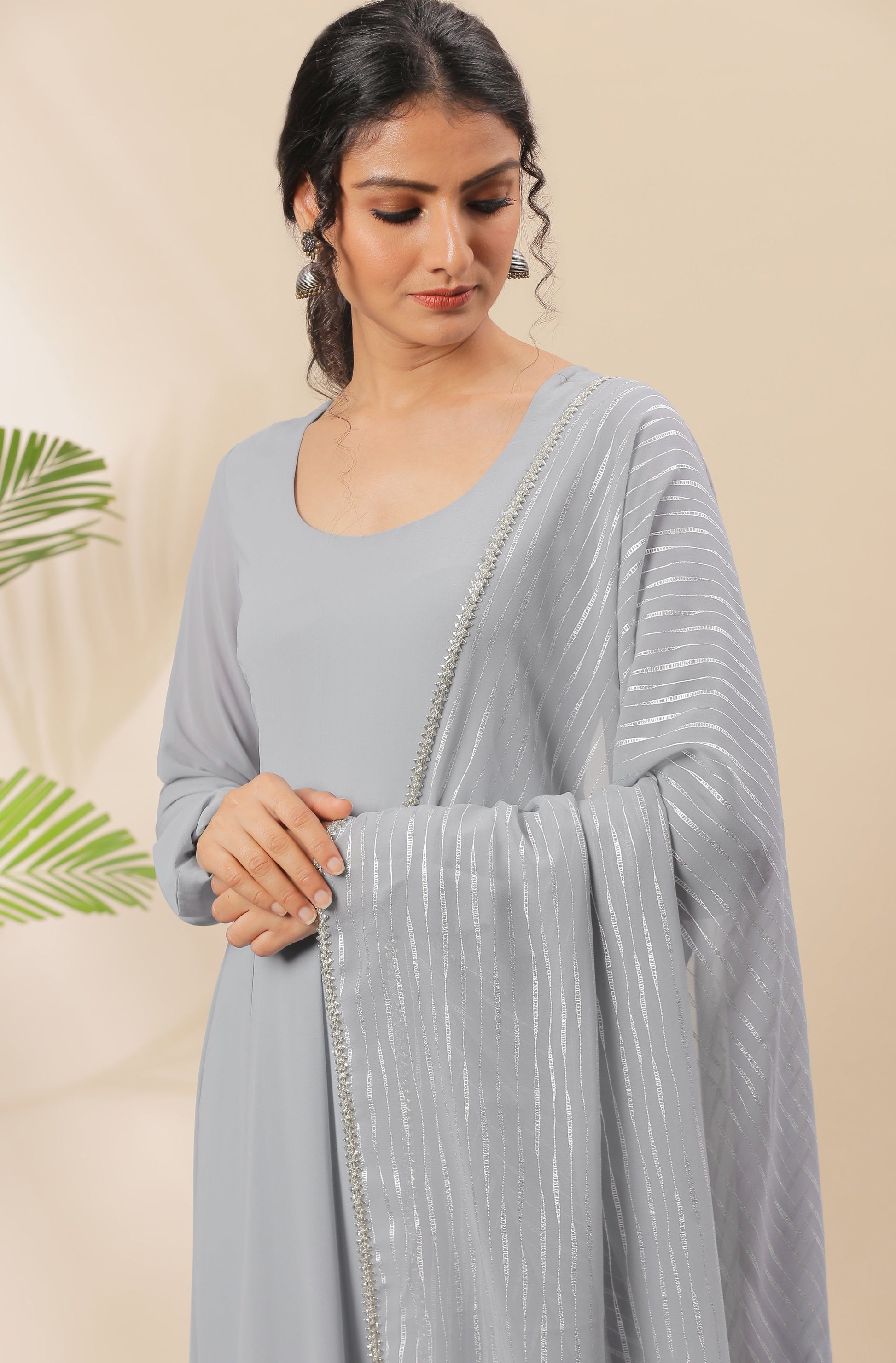 Janasya Women's Grey Poly Georgette Solid Kurta With Dupatta 