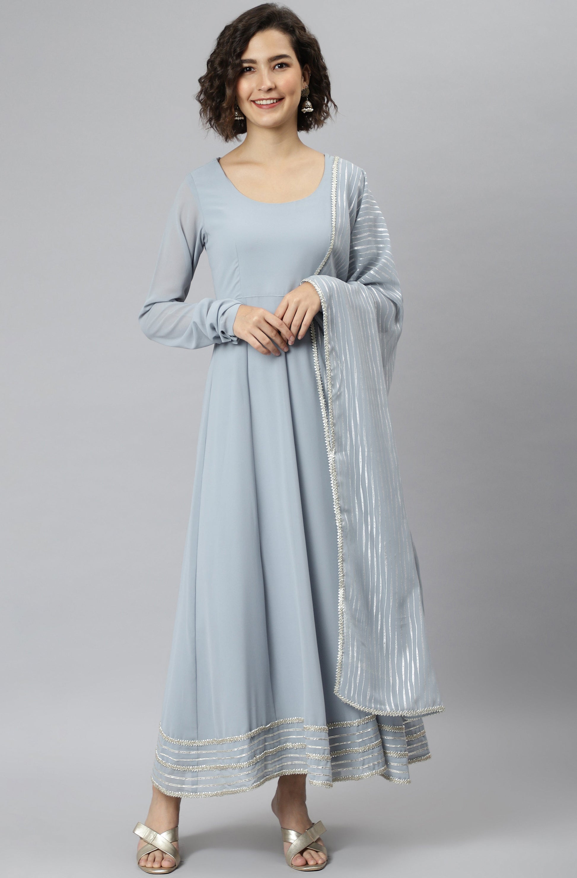 Janasya Women's Grey Poly Georgette Solid Kurta With Dupatta 