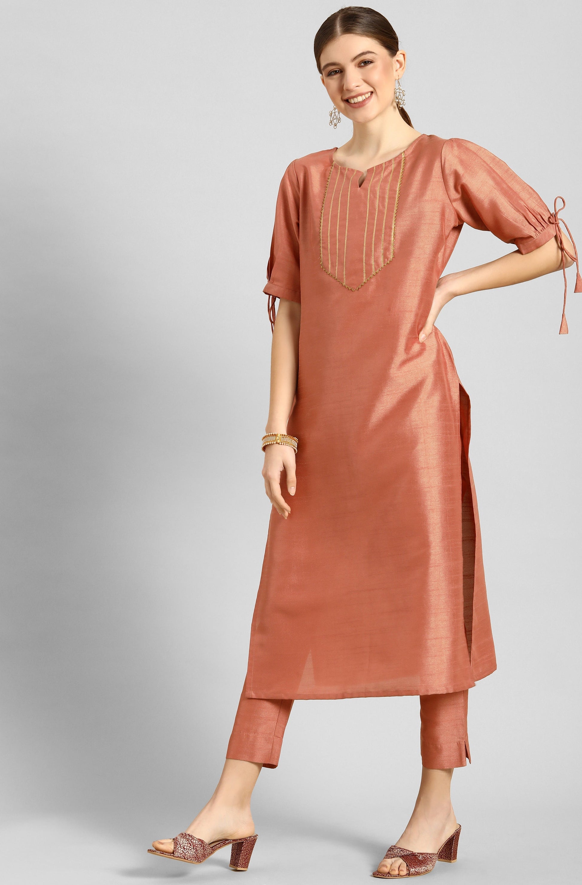 Janasya Women's Peach Poly Silk Embellished Straight Festive Kurta Set | Grab2Buy