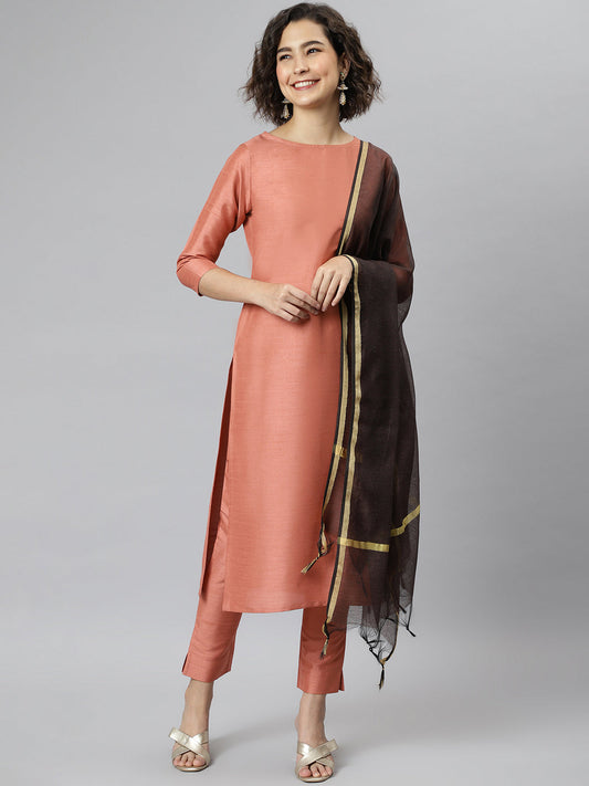 Janasya Women's Peach Poly Silk Solid Straight Casual Kurta Set 
