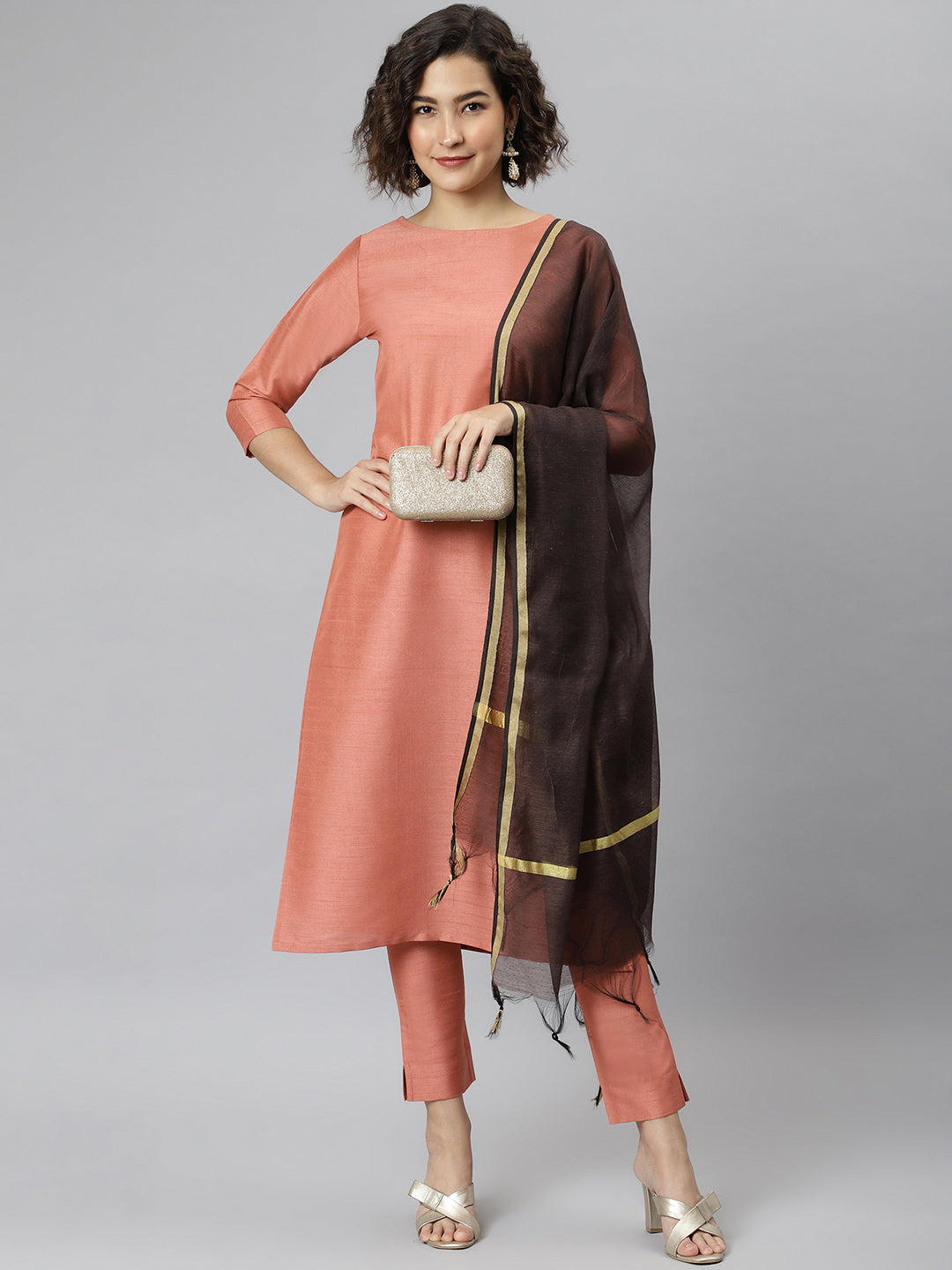 Janasya Women's Peach Poly Silk Solid Straight Casual Kurta Set 
