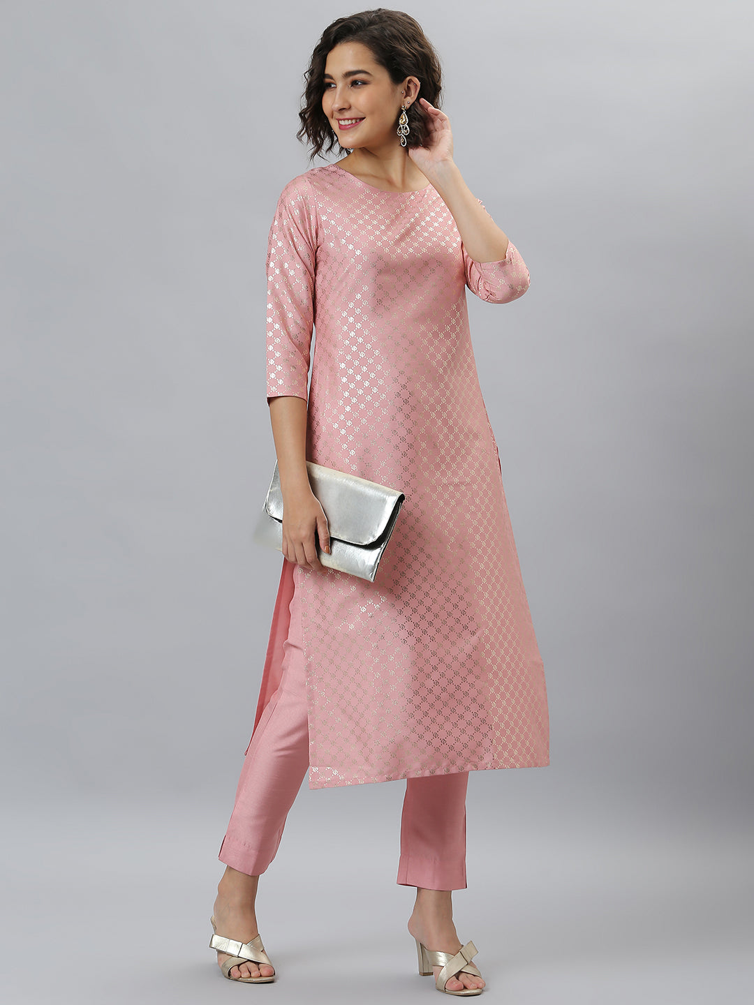 Janasya Women's Pink Poly Silk Floral Printed Straight Party Kurta Set | Grab2Buy