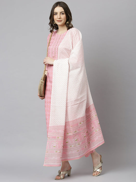 Janasya Women's Light Pink Cotton Gold Print Kurta With Pant And Dupatta 