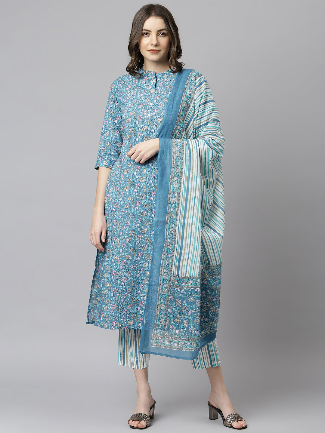 Janasya Women's Blue Cotton Floral Print Kurta With Pant And Dupatta 