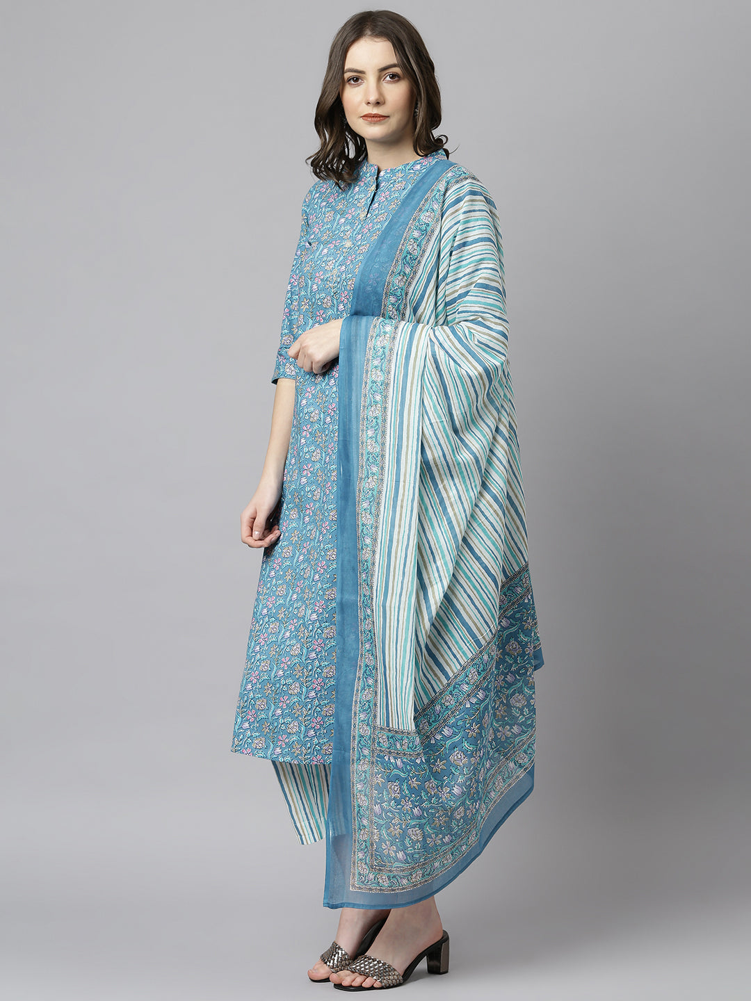 Janasya Women's Blue Cotton Floral Print Kurta With Pant And Dupatta 