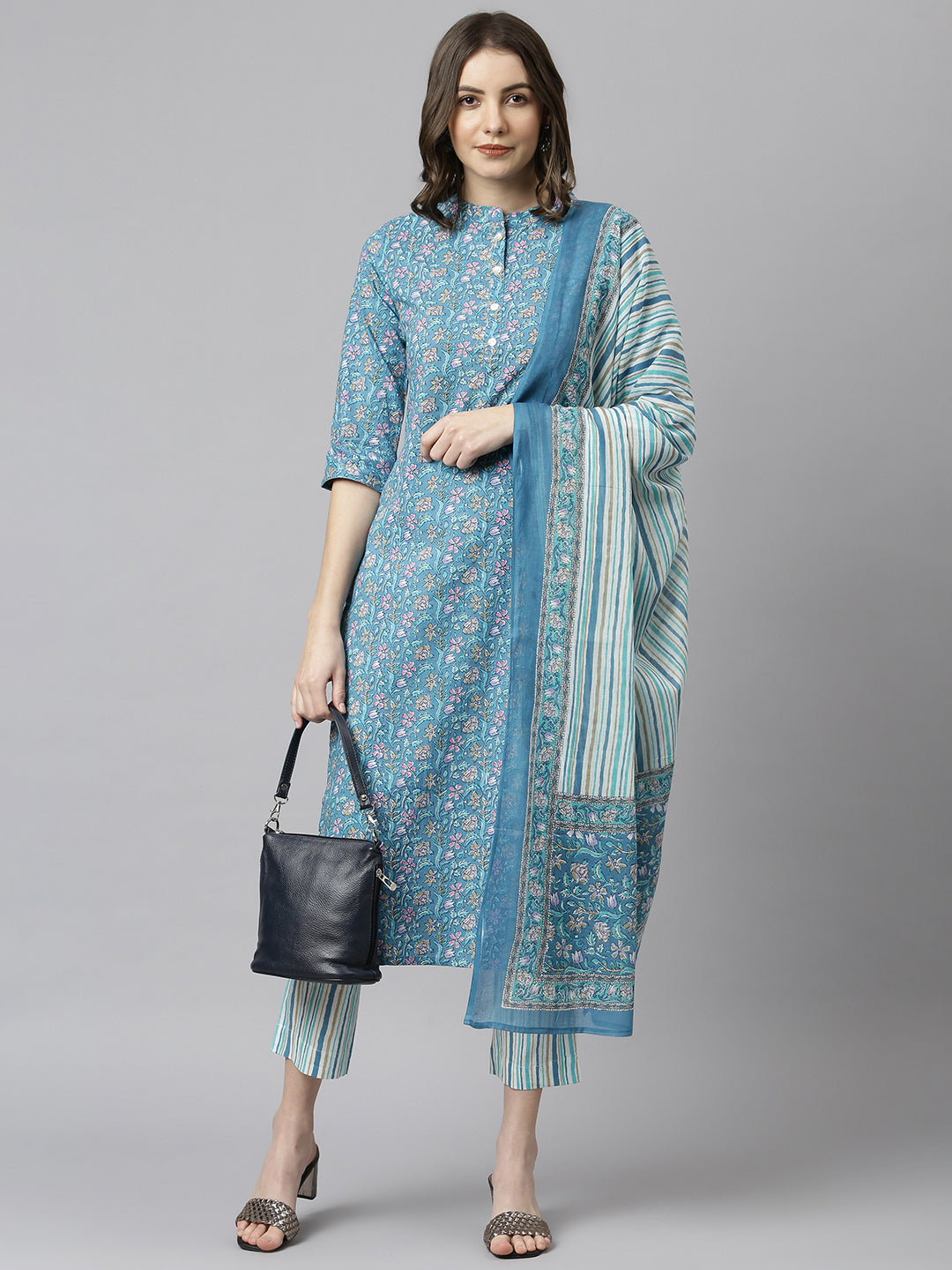 Janasya Women's Blue Cotton Floral Print Kurta With Pant And Dupatta 