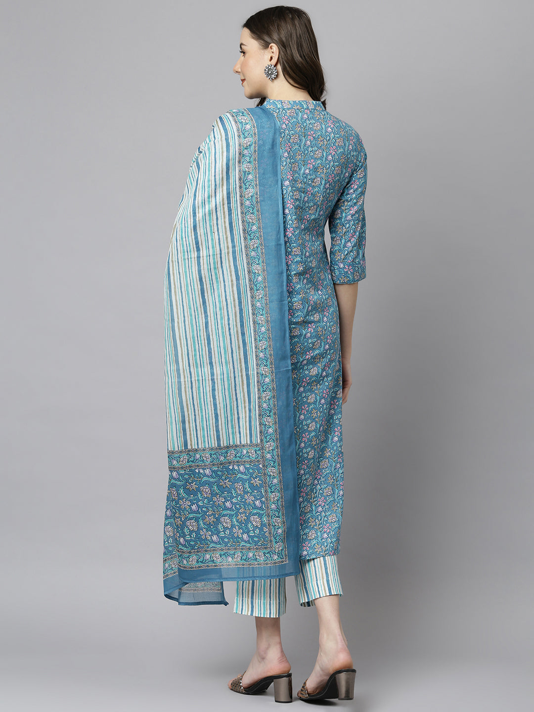 Janasya Women's Blue Cotton Floral Print Kurta With Pant And Dupatta 