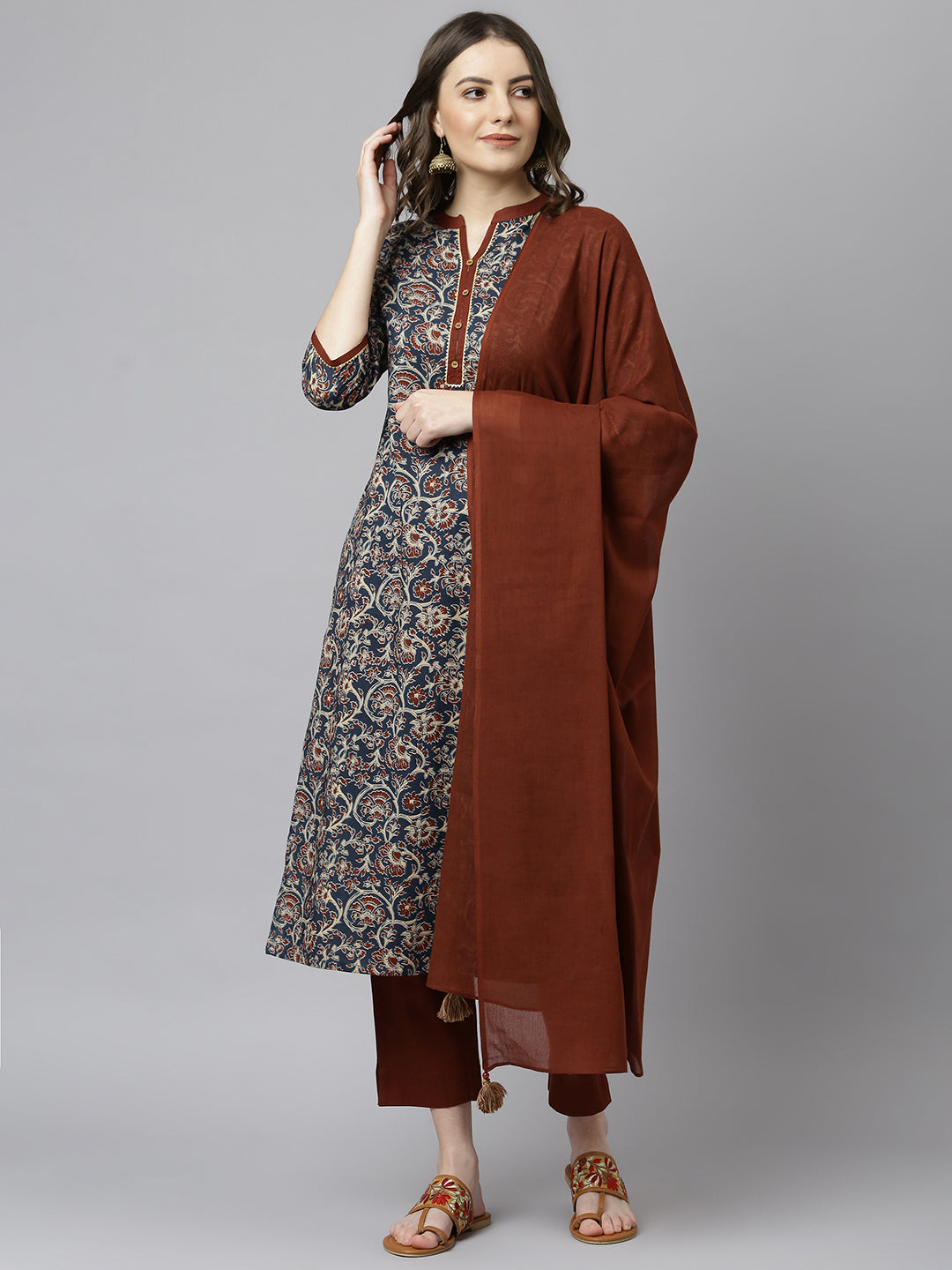 Janasya Women's Teal Blue Cotton Floral Print Kurta With Pant And Dupatta 