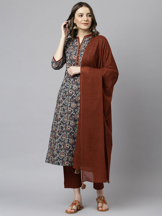 Janasya Women's Teal Blue Cotton Floral Print Kurta With Pant And Dupatta 