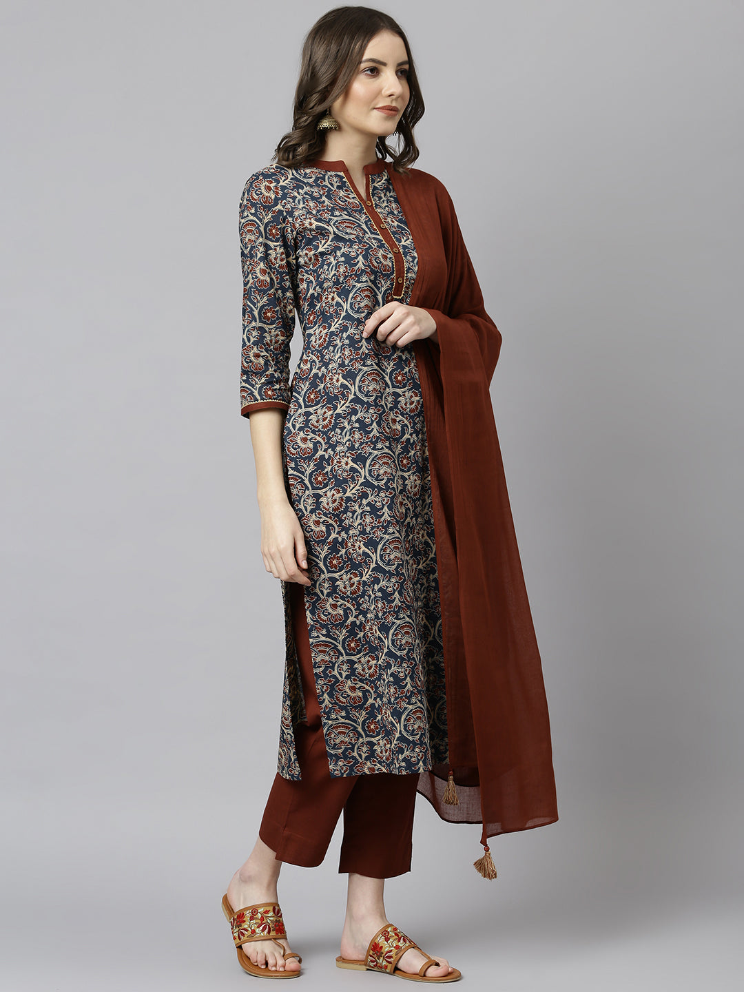 Janasya Women's Teal Blue Cotton Floral Print Kurta With Pant And Dupatta 