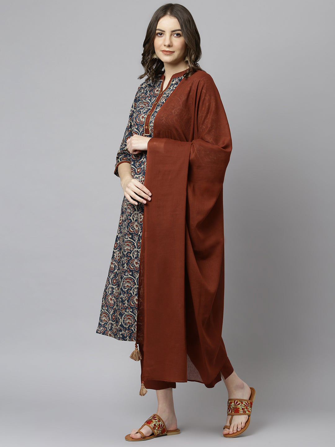 Janasya Women's Teal Blue Cotton Floral Print Kurta With Pant And Dupatta 