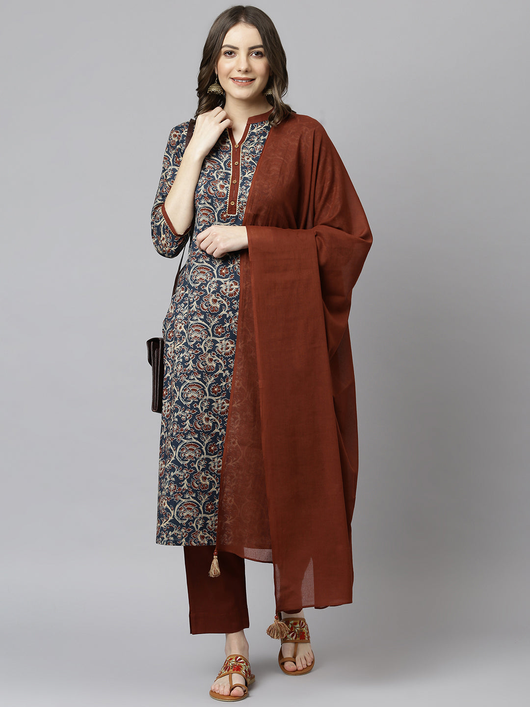 Janasya Women's Teal Blue Cotton Floral Print Kurta With Pant And Dupatta 