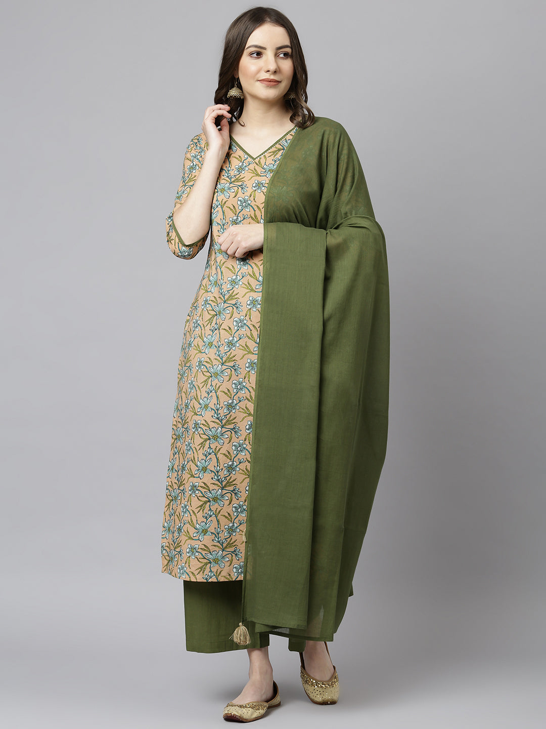 Janasya Women's Peach Cotton Floral Print Kurta With Palazzo And Dupatta 