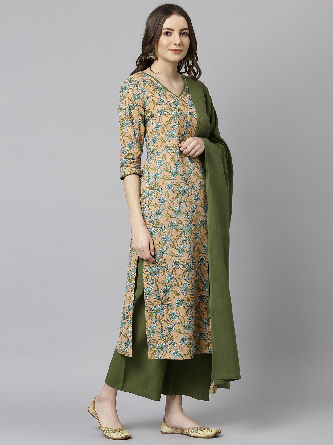 Janasya Women's Peach Cotton Floral Print Kurta With Palazzo And Dupatta 