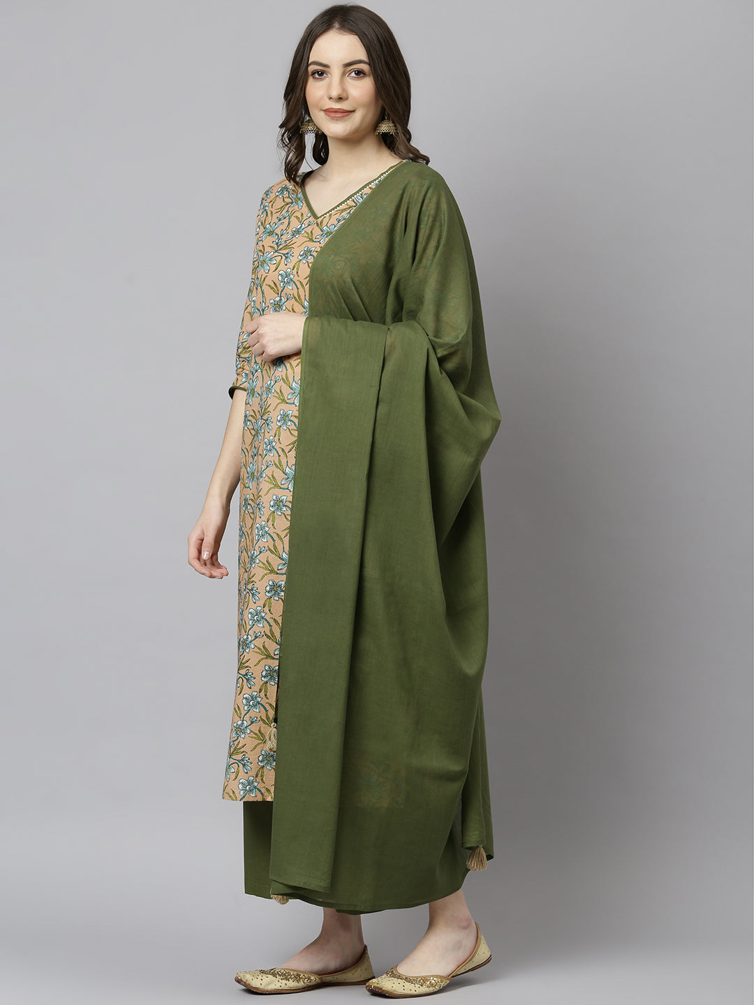Janasya Women's Peach Cotton Floral Print Kurta With Palazzo And Dupatta 