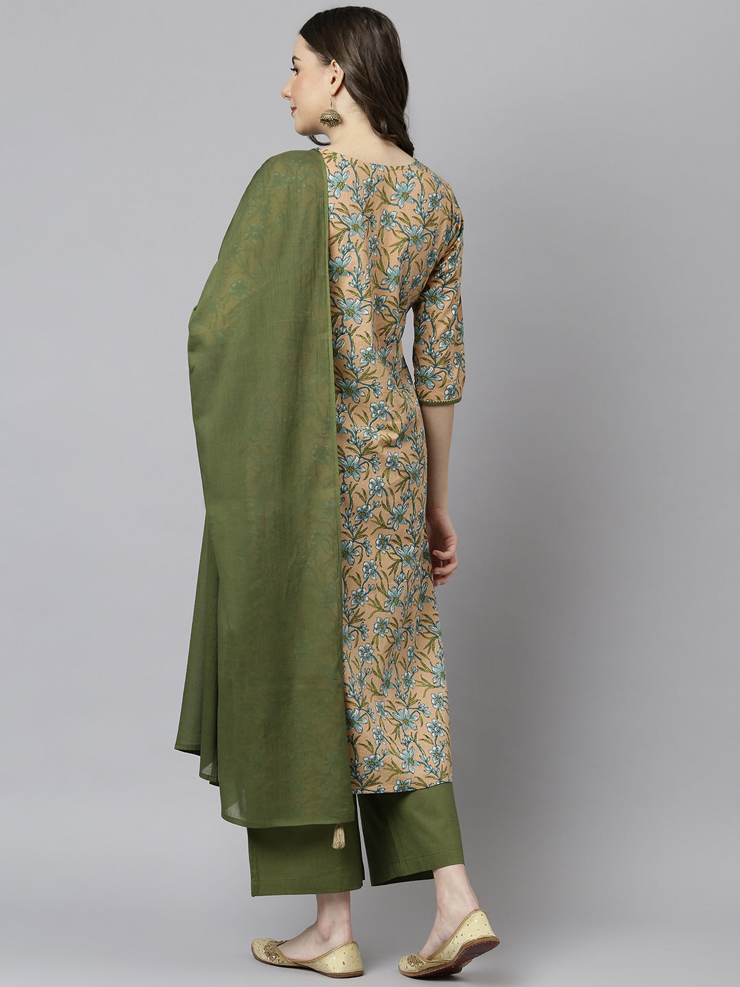 Janasya Women's Peach Cotton Floral Print Kurta With Palazzo And Dupatta 