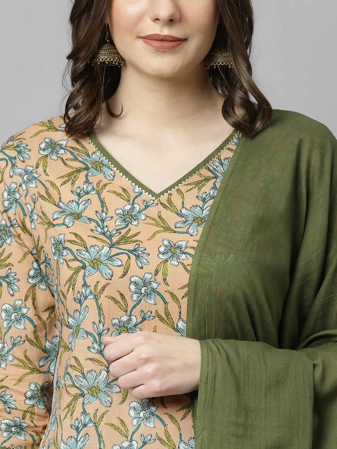 Janasya Women's Peach Cotton Floral Print Kurta With Palazzo And Dupatta 