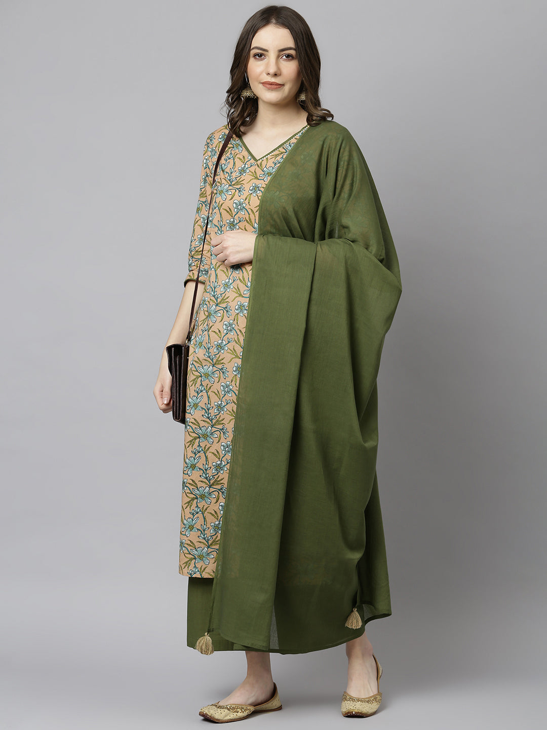 Janasya Women's Peach Cotton Floral Print Kurta With Palazzo And Dupatta 