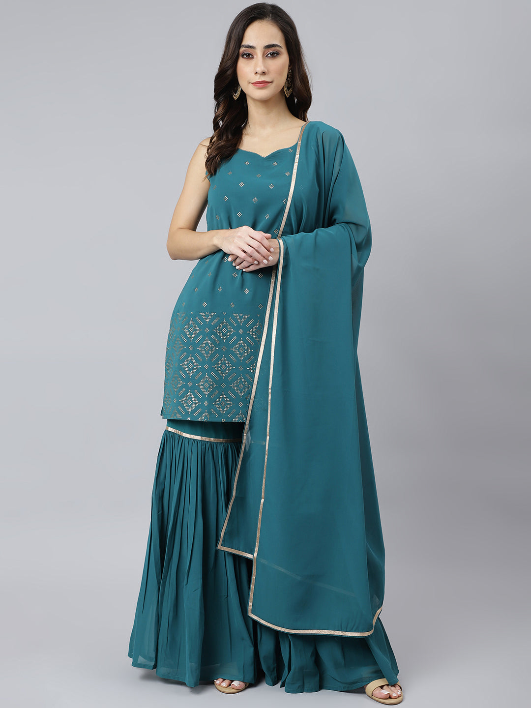 Janasya Women's Teal Georgette Embossed Gold Print Top With Gharara And Dupatta 
