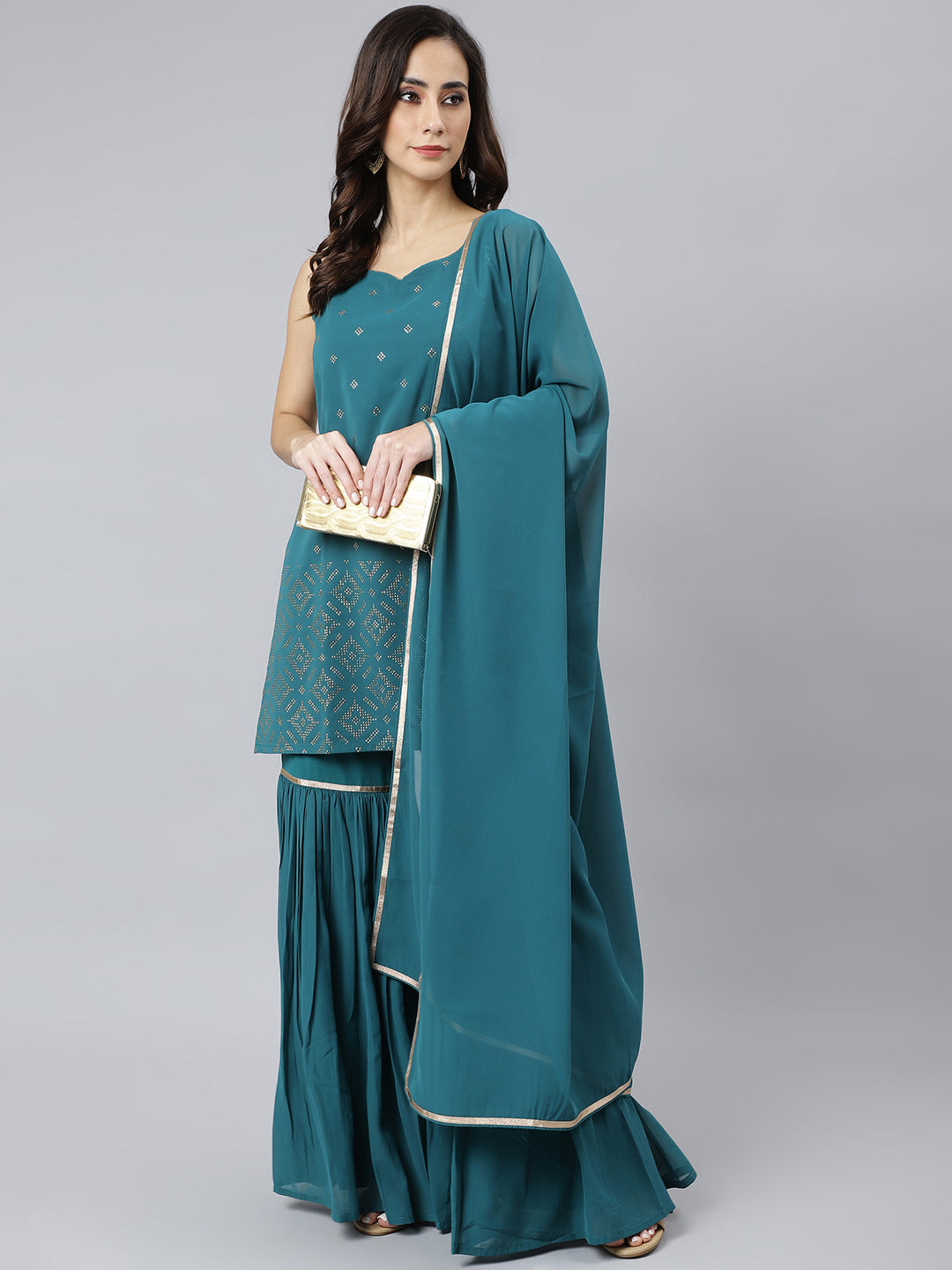 Janasya Women's Teal Georgette Embossed Gold Print Top With Gharara And Dupatta 