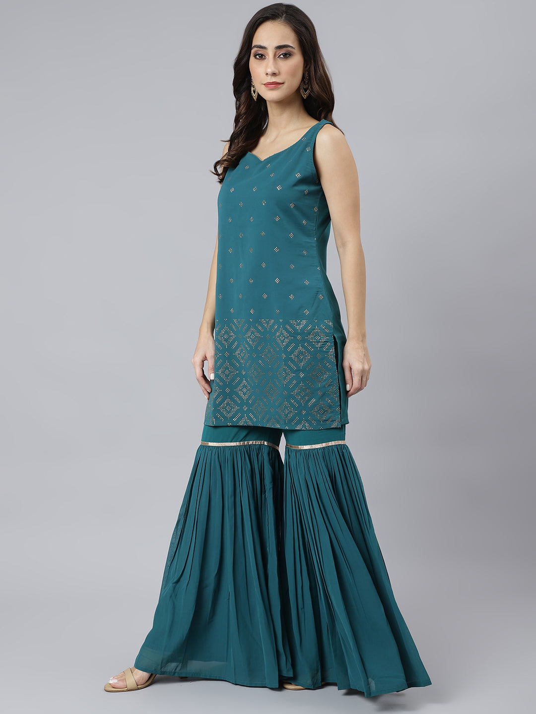 Janasya Women's Teal Georgette Embossed Gold Print Top With Gharara And Dupatta 