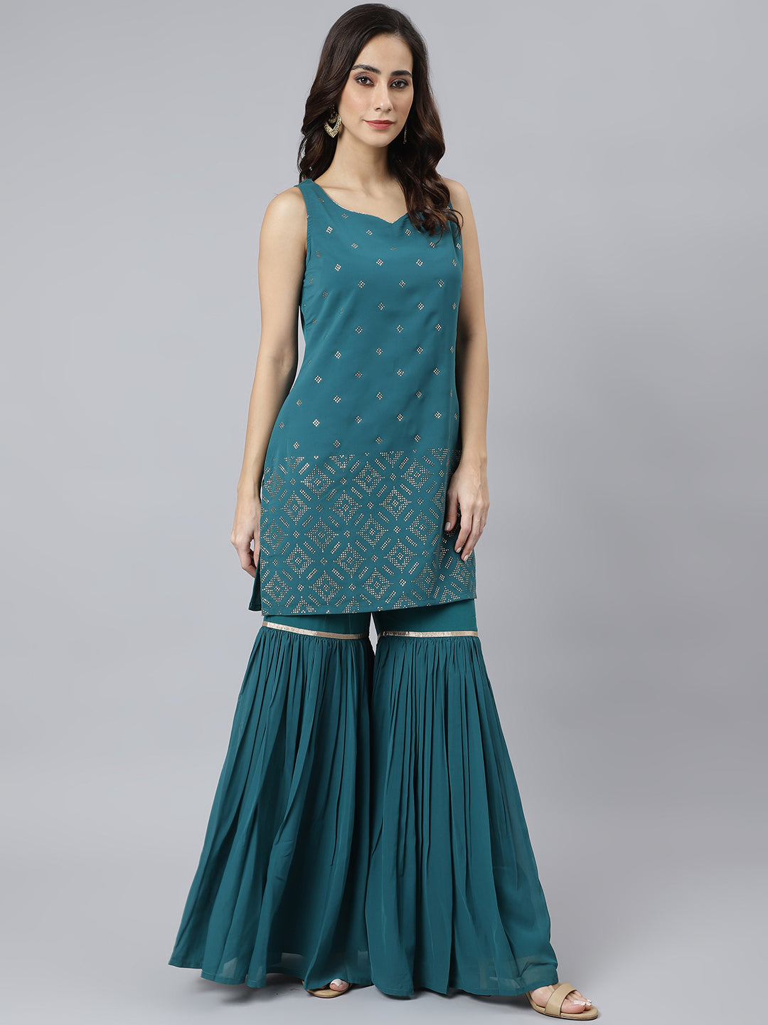 Janasya Women's Teal Georgette Embossed Gold Print Top With Gharara And Dupatta 