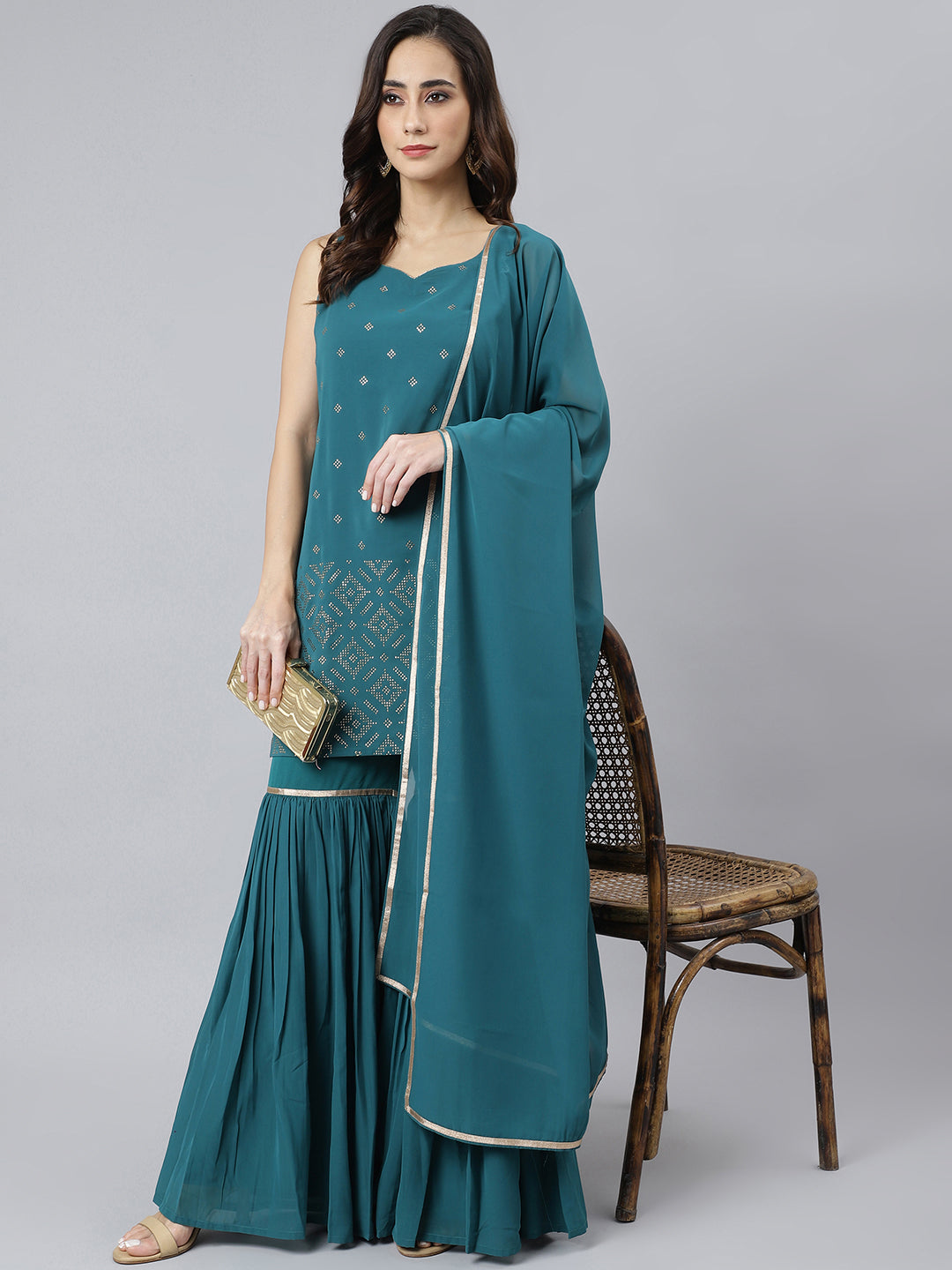 Janasya Women's Teal Georgette Embossed Gold Print Top With Gharara And Dupatta 