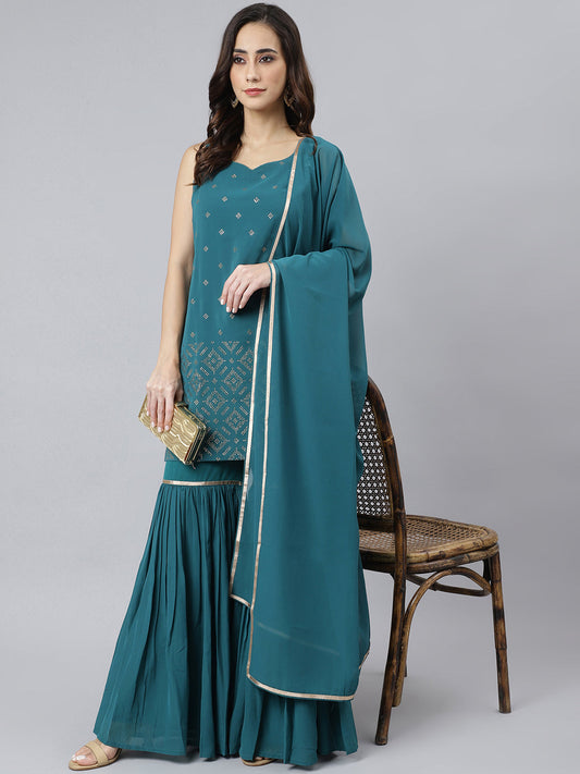 Janasya Women's Teal Georgette Embossed Gold Print Top With Gharara And Dupatta 
