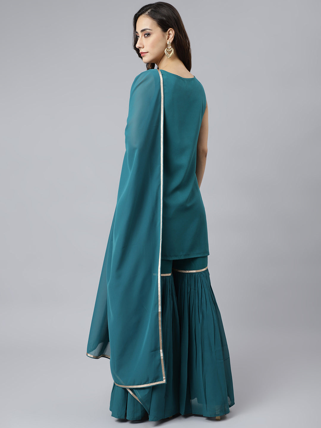 Janasya Women's Teal Georgette Embossed Gold Print Top With Gharara And Dupatta 