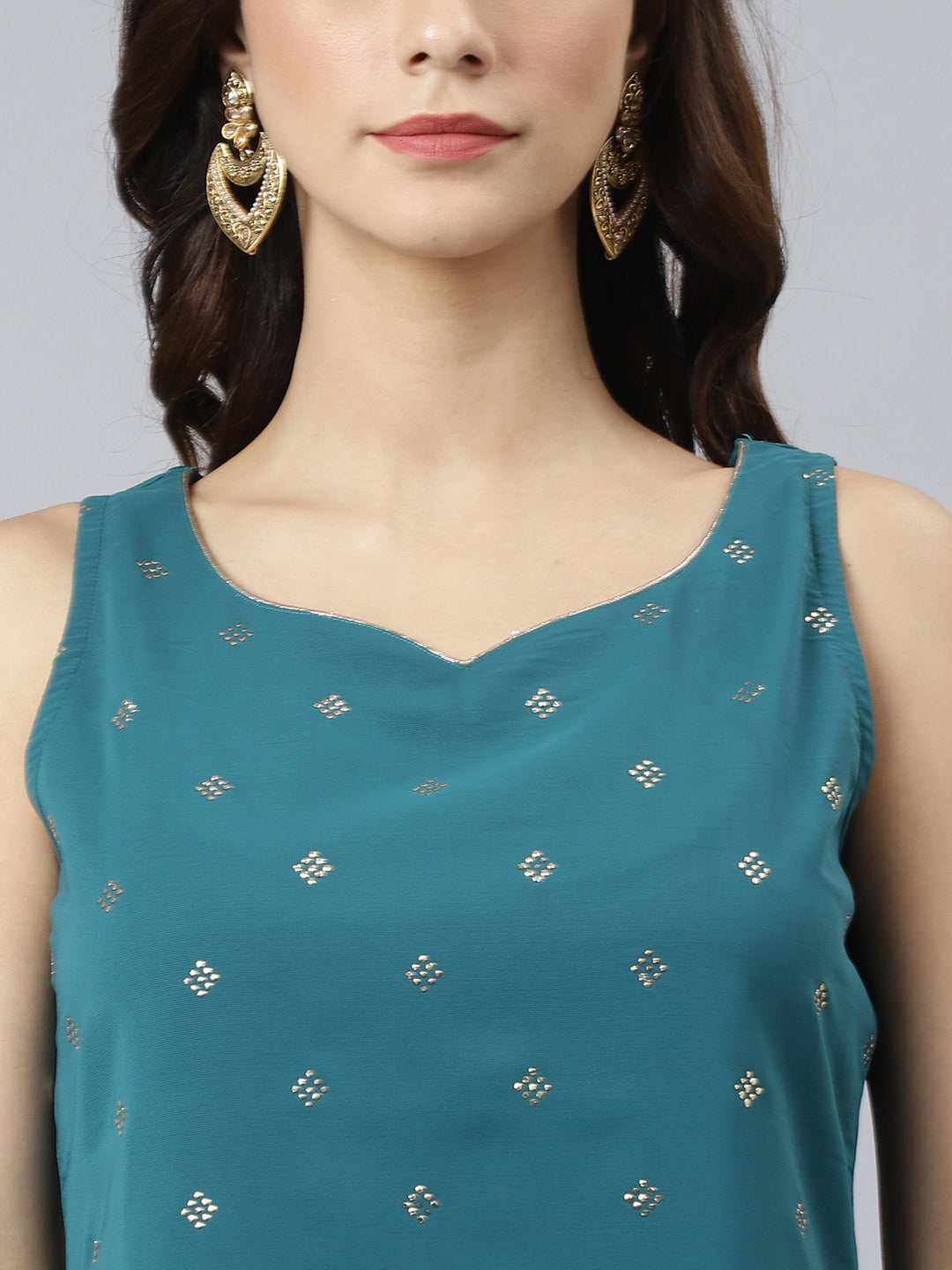 Janasya Women's Teal Georgette Embossed Gold Print Top With Gharara And Dupatta 