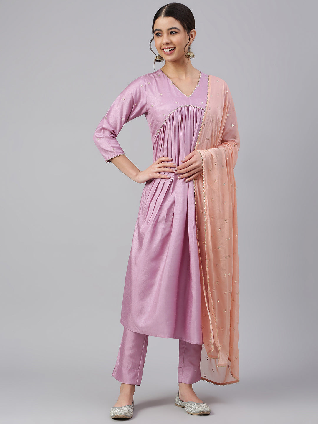 Janasya Women's Mauve Poly Silk Solid Kurta With Pant And Dupatta 