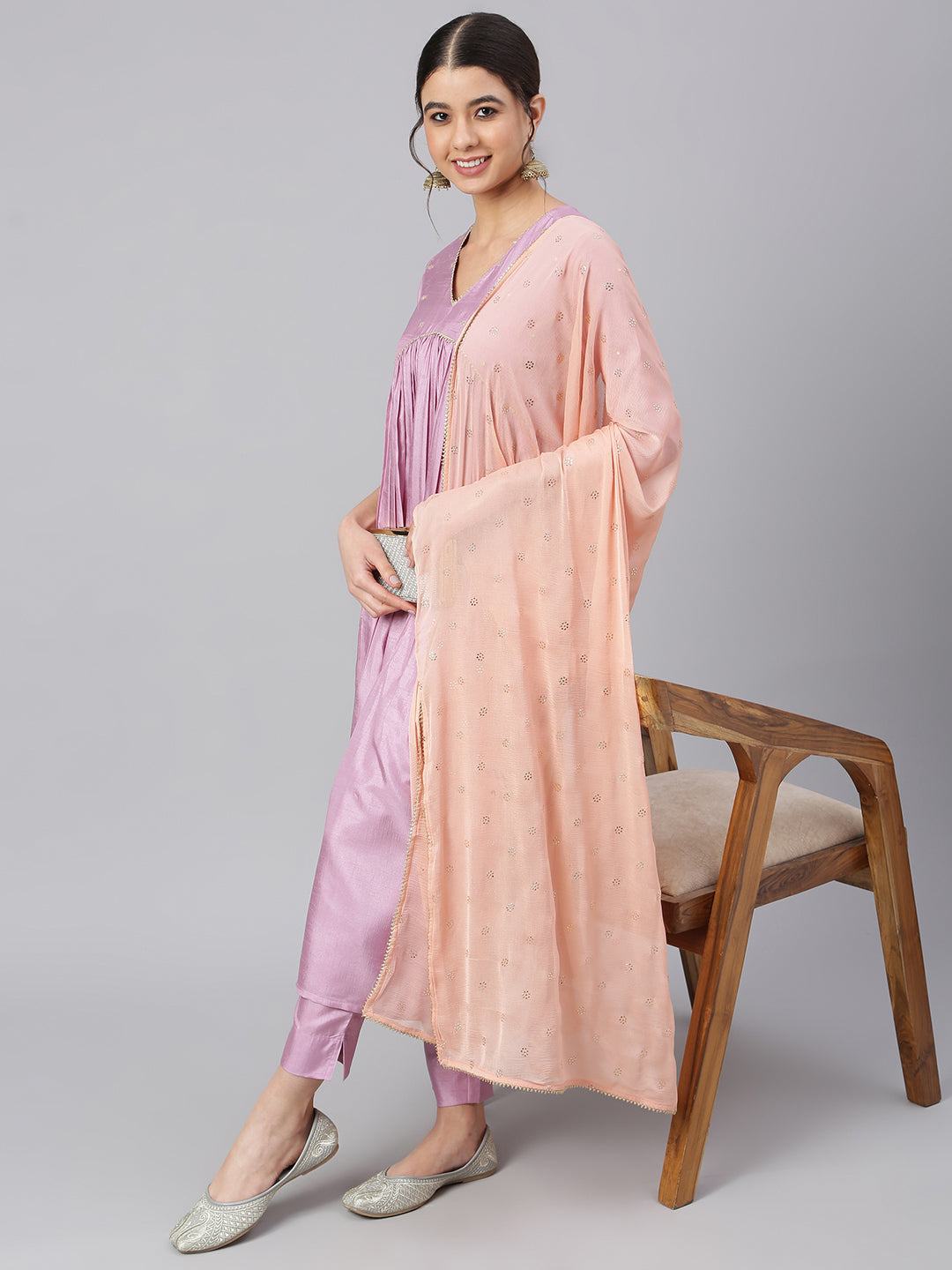 Janasya Women's Mauve Poly Silk Solid Kurta With Pant And Dupatta 