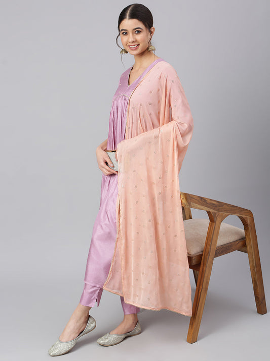 Janasya Women's Mauve Poly Silk Solid Kurta With Pant And Dupatta 