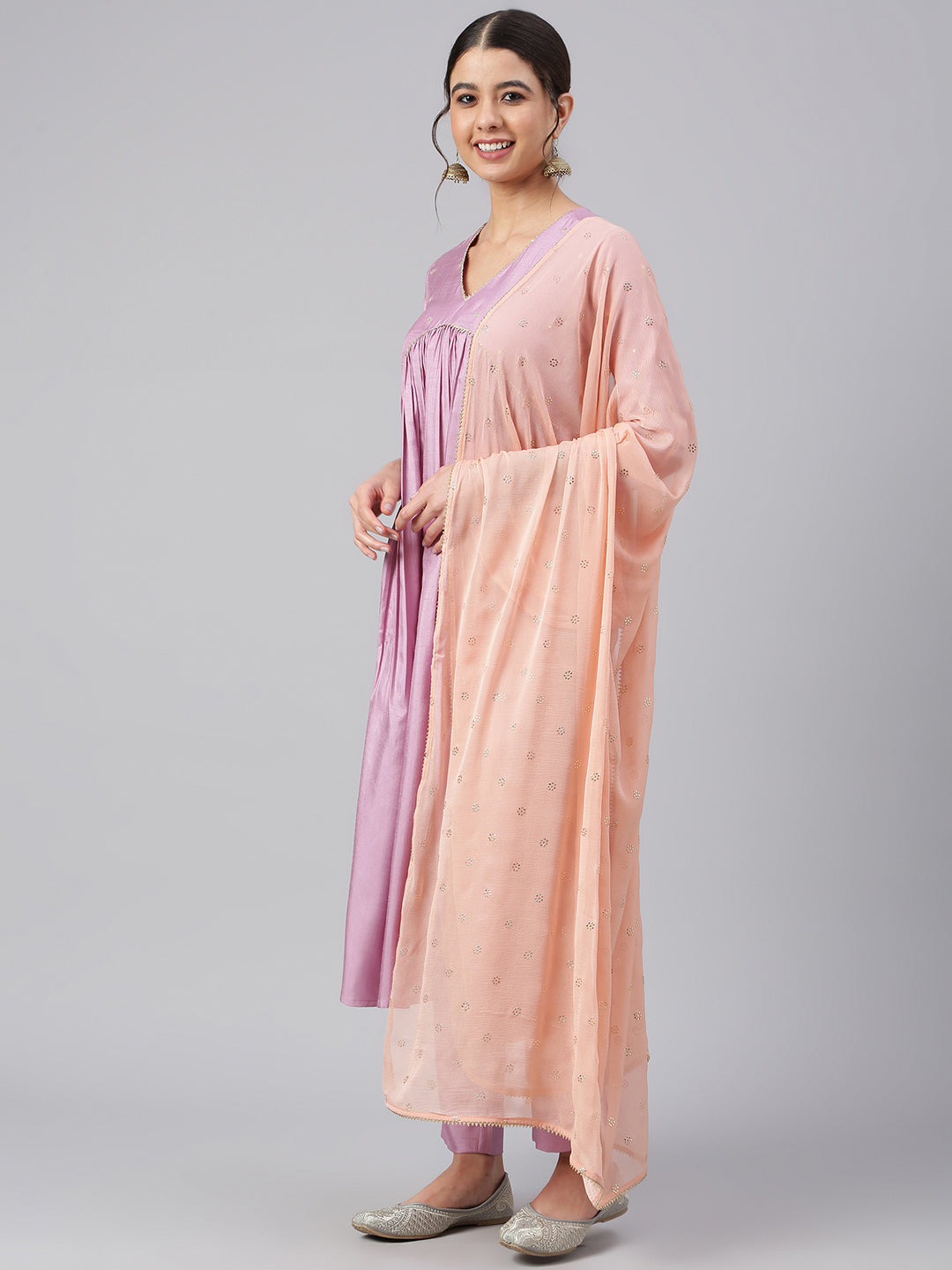 Janasya Women's Mauve Poly Silk Solid Kurta With Pant And Dupatta 