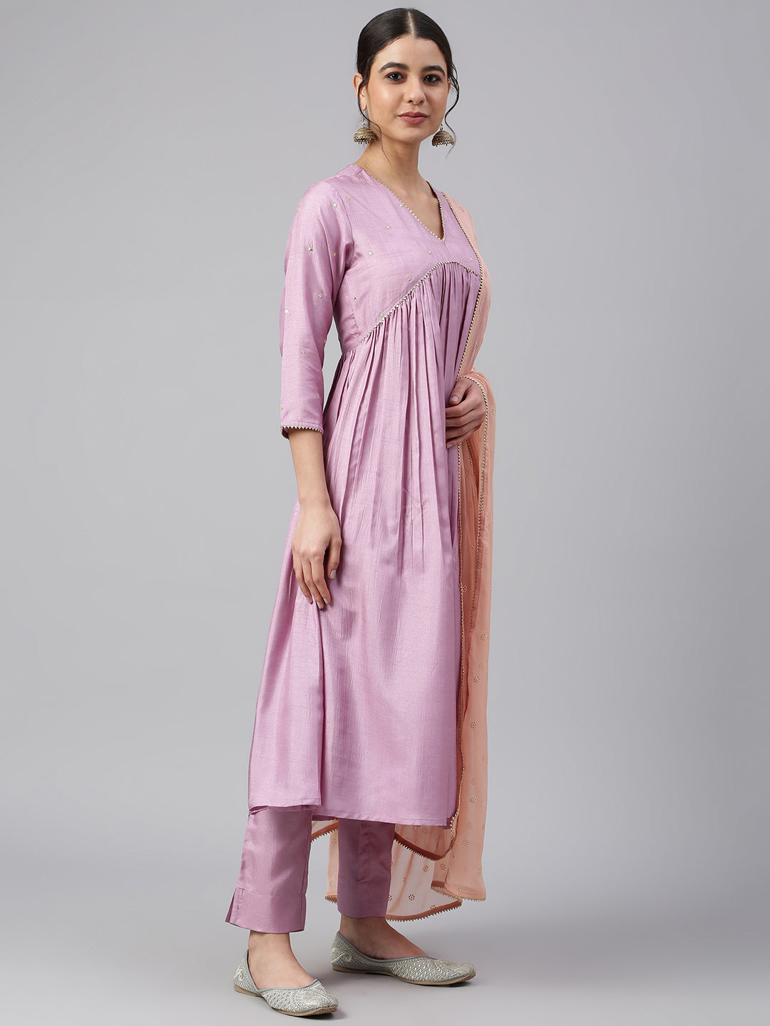 Janasya Women's Mauve Poly Silk Solid Kurta With Pant And Dupatta 