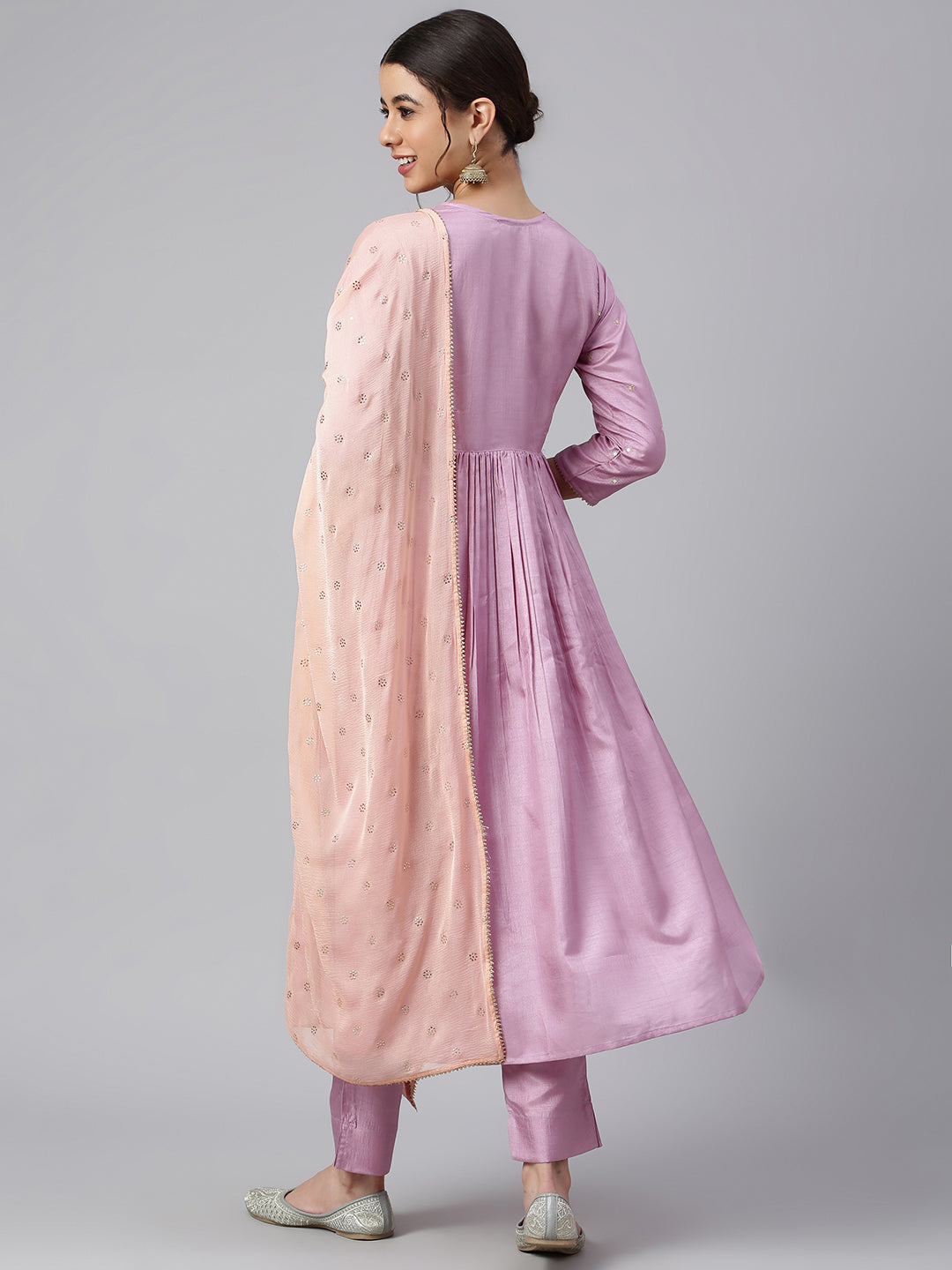 Janasya Women's Mauve Poly Silk Solid Kurta With Pant And Dupatta 