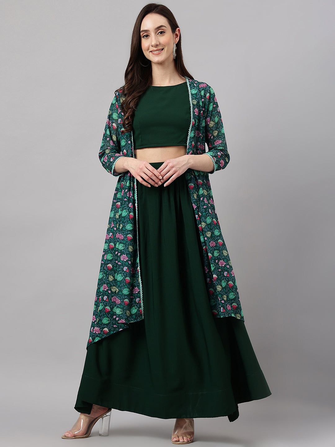 Janasya Women's Green Crepe Solid Crop Top With Skirt And Jacket 