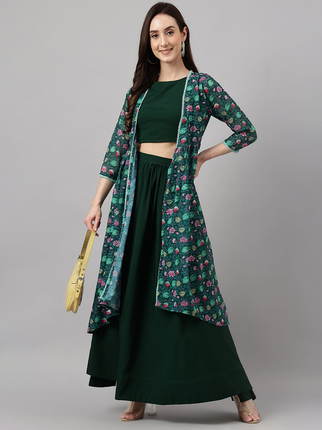 Janasya Women's Green Crepe Solid Crop Top With Skirt And Jacket 