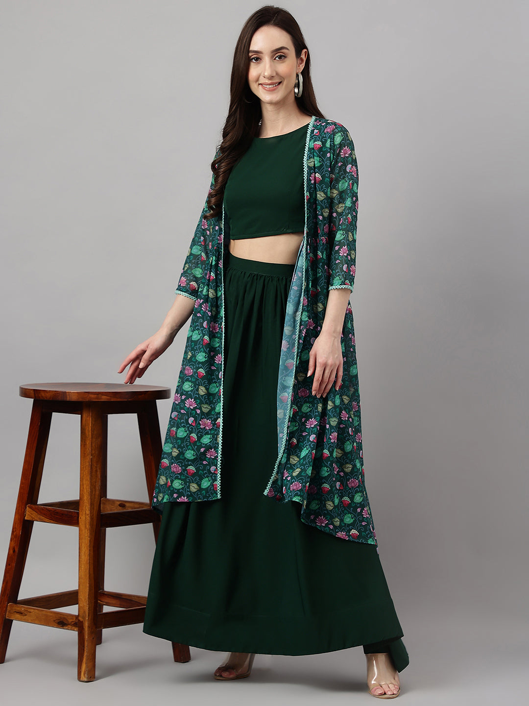 Janasya Women's Green Crepe Solid Crop Top With Skirt And Jacket 