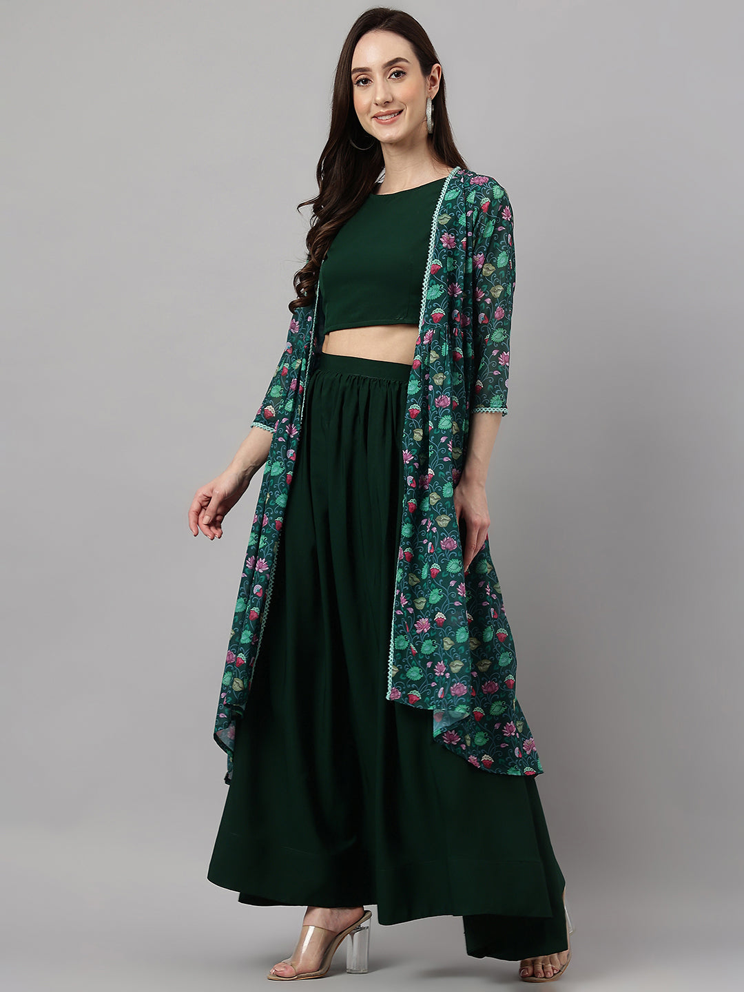 Janasya Women's Green Crepe Solid Crop Top With Skirt And Jacket 