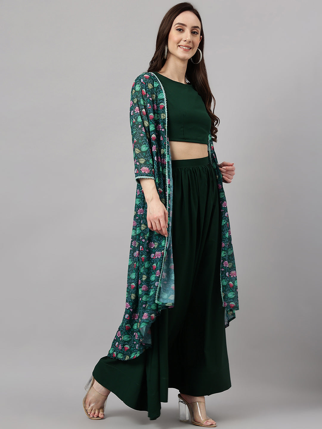 Janasya Women's Green Crepe Solid Crop Top With Skirt And Jacket 