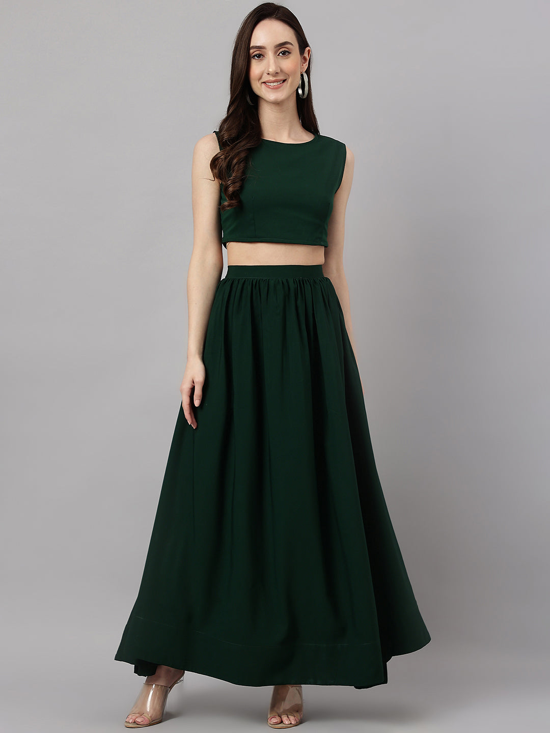 Janasya Women's Green Crepe Solid Crop Top With Skirt And Jacket 