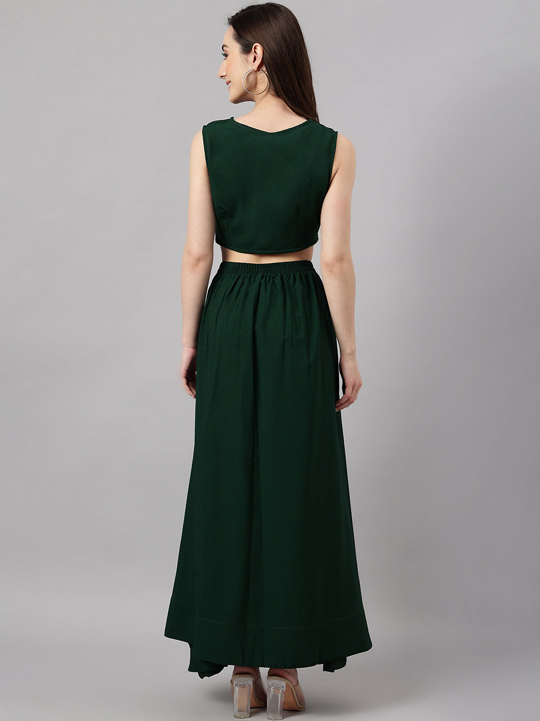 Janasya Women's Green Crepe Solid Crop Top With Skirt And Jacket 