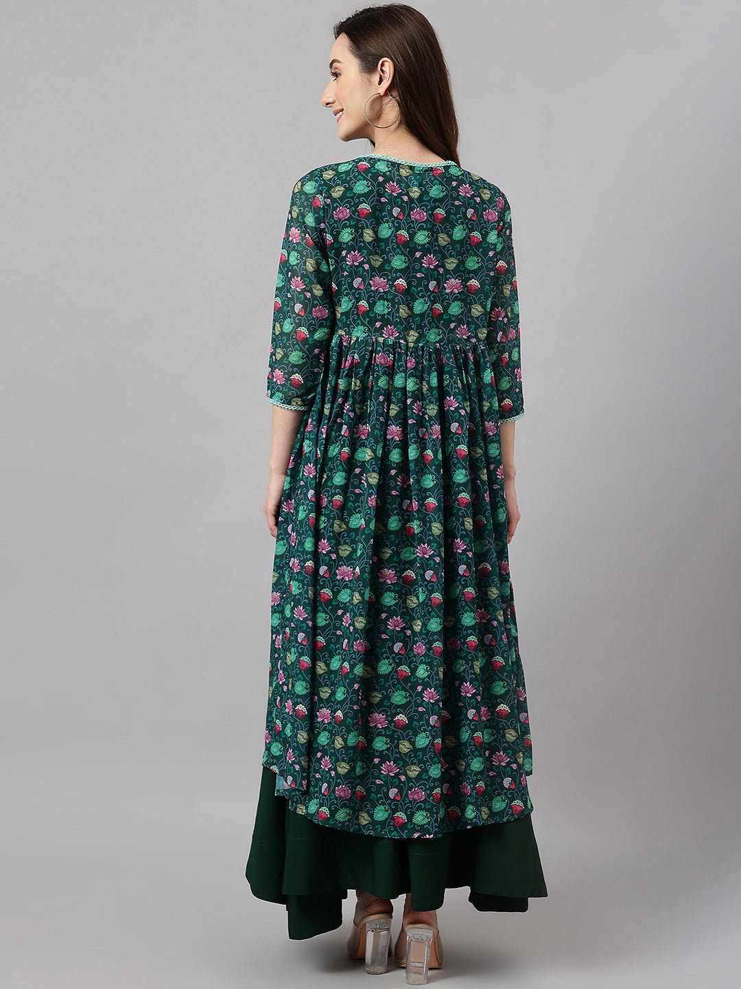 Janasya Women's Green Crepe Solid Crop Top With Skirt And Jacket 