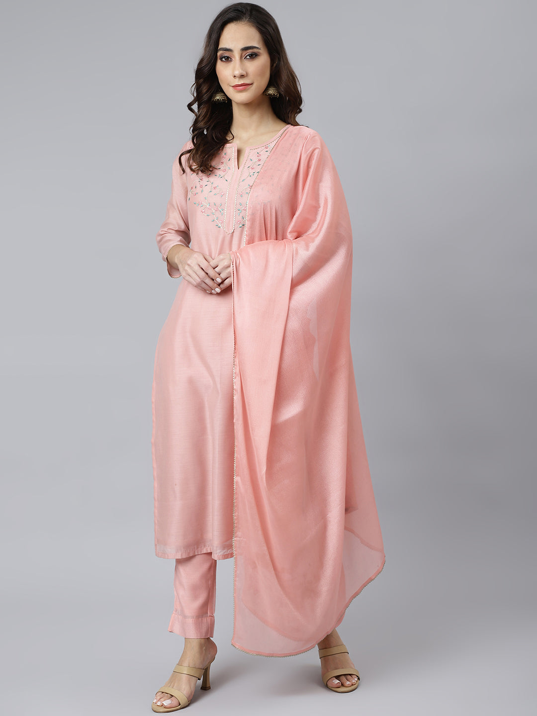 Janasya Women's Baby Pink Poly Silk Solid Kurta With Pant And Dupatta 