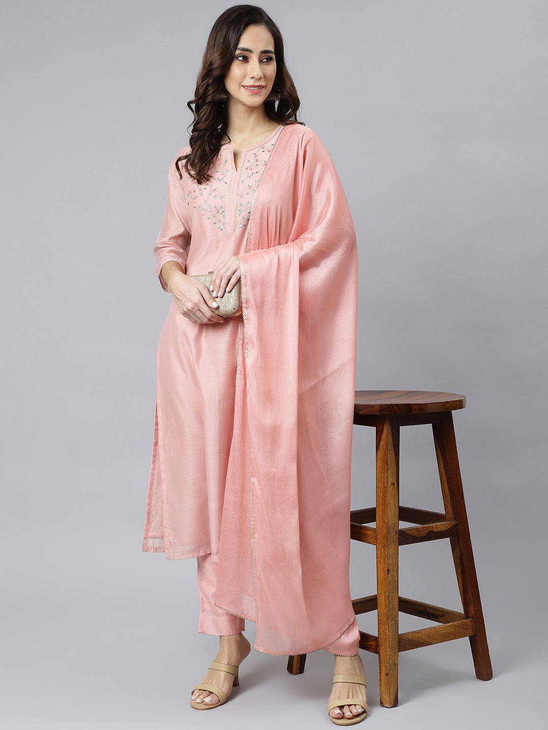 Janasya Women's Baby Pink Poly Silk Solid Kurta With Pant And Dupatta 